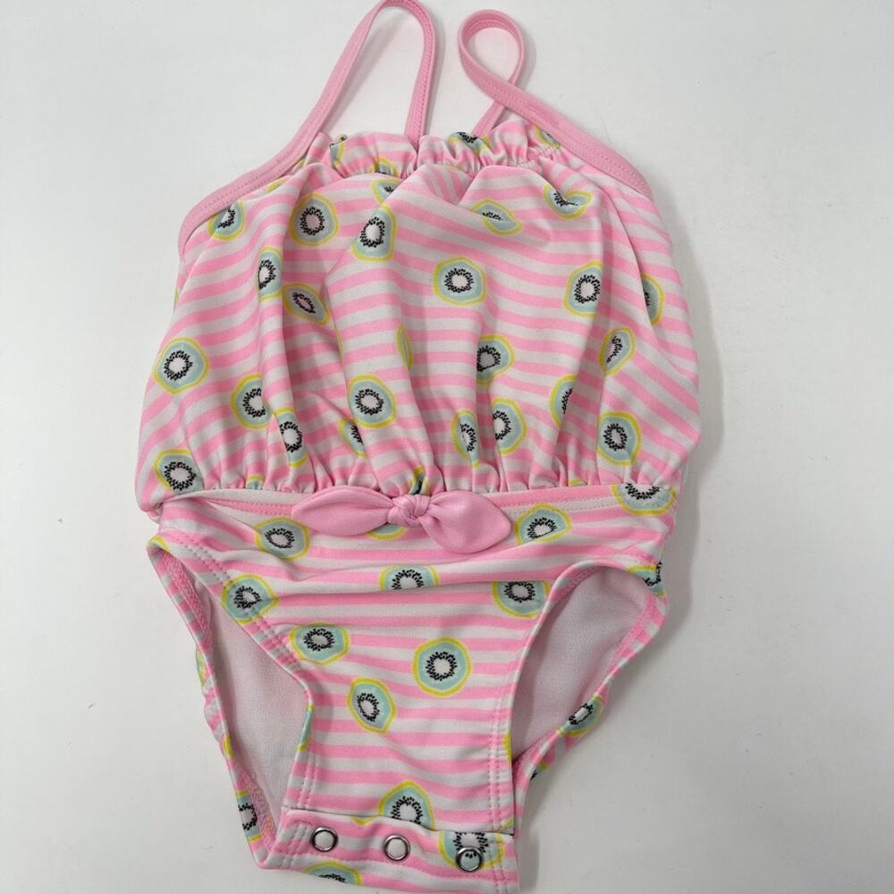 Pink Striped Kiwi Print One Piece Baby Swimsuit Snap Closure Bow 6-9 Months